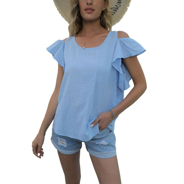 Women Ruffle Short Sleeve T-Shirt Casual Solid Tops Blouse Tunic Shirts Summer